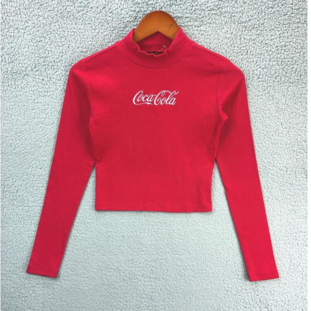 Coca-Cola Mock Neck Ribbed Crop Top Womens S Red Long Sleeve Graphic Y2K